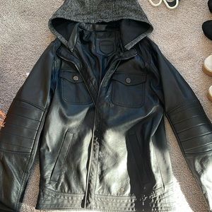 Faux leather jacket with sweatshirt hood
